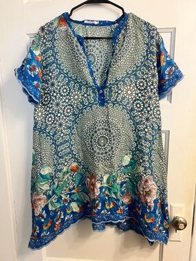 Johnny Was Blue & Green Floral Mandala V-Neck Tunic